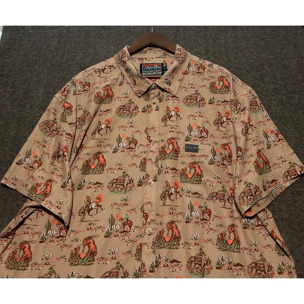 Burlebo button up shirt short sleeve cowboy horses print mens performance 2Xl